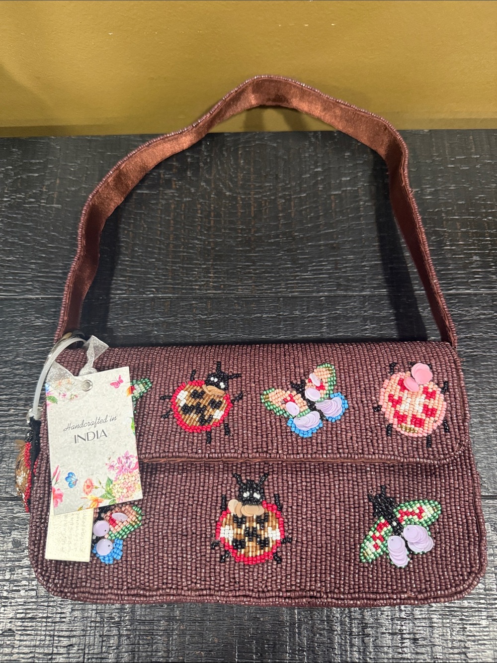 Handcrafted Brown Beaded Shoulder Bag with Colorful Ladybug and Floral Accents